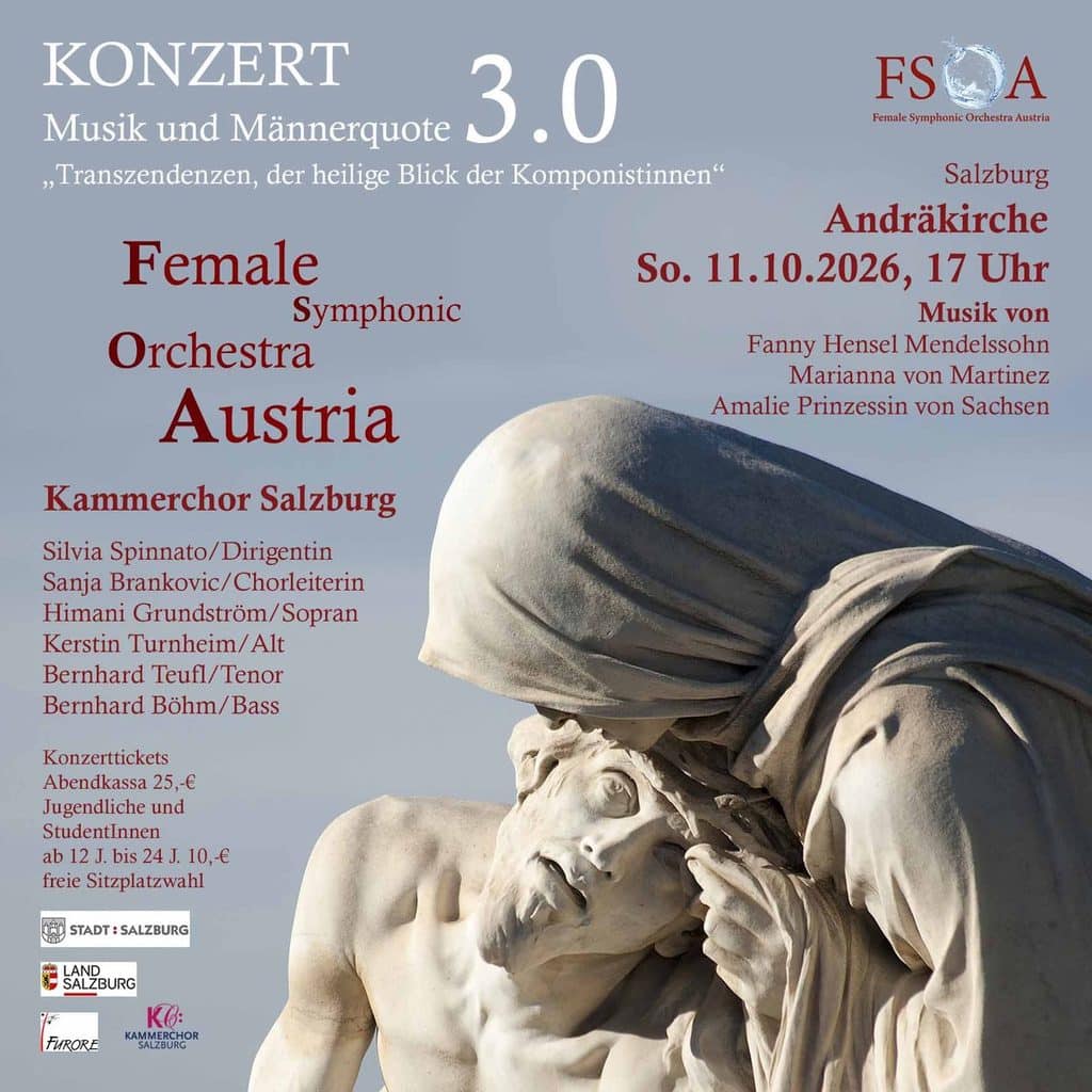 Flyer for "Konzert 3.0: Musik und Männerquote", Andräkirche Salzburg, 11 October 2026, with a marble Pietà in front of a blue-grey sky.